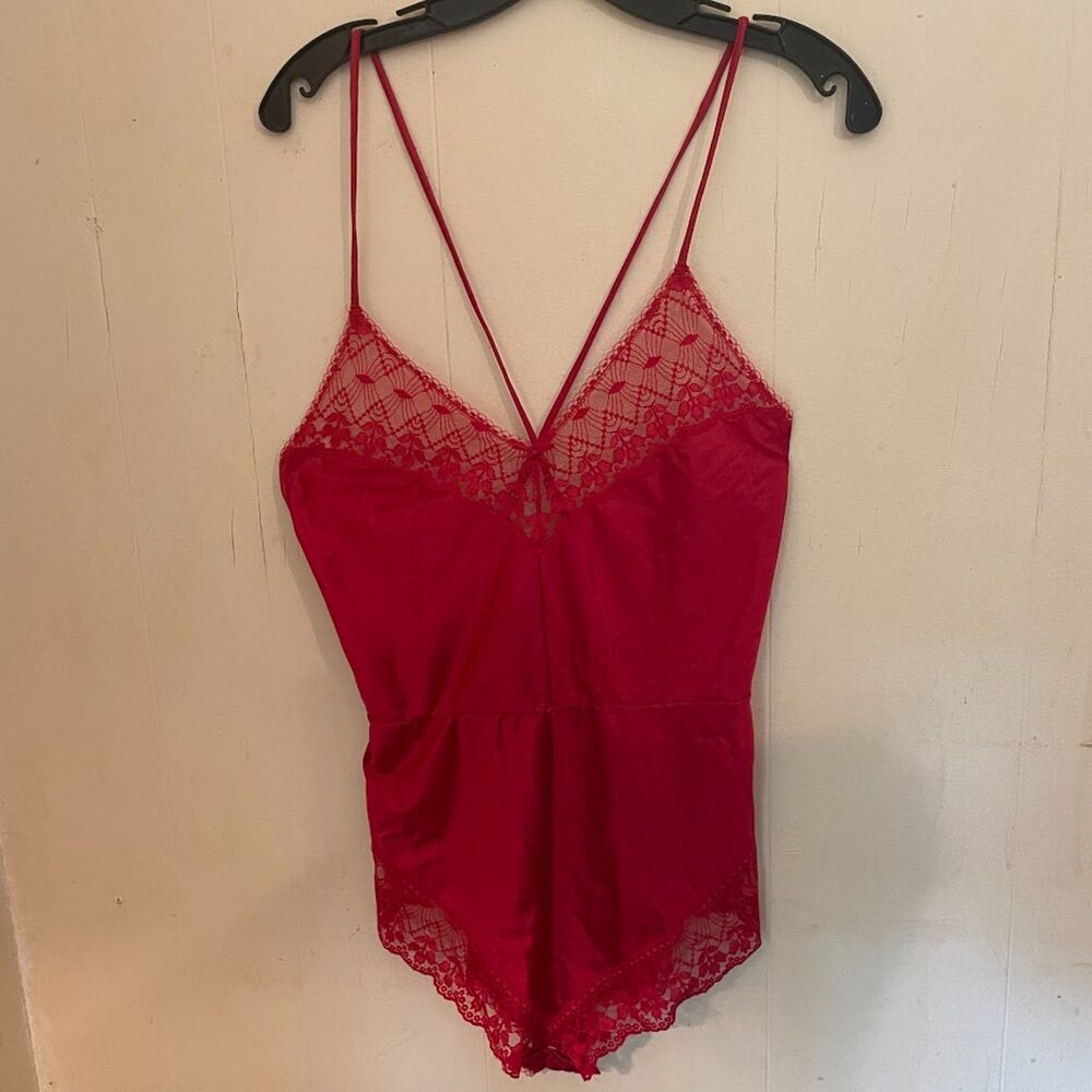 Vintage 80s WARNER'S CRYSTAL LACE Lipstick Red Teddy Criss Cross Strap 32 xs